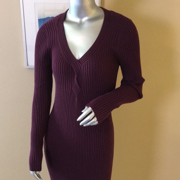 WHBM | Knit V-Neck Dress Empire Plum Cable Twist Sweater Dress - Picture 8 of 16
